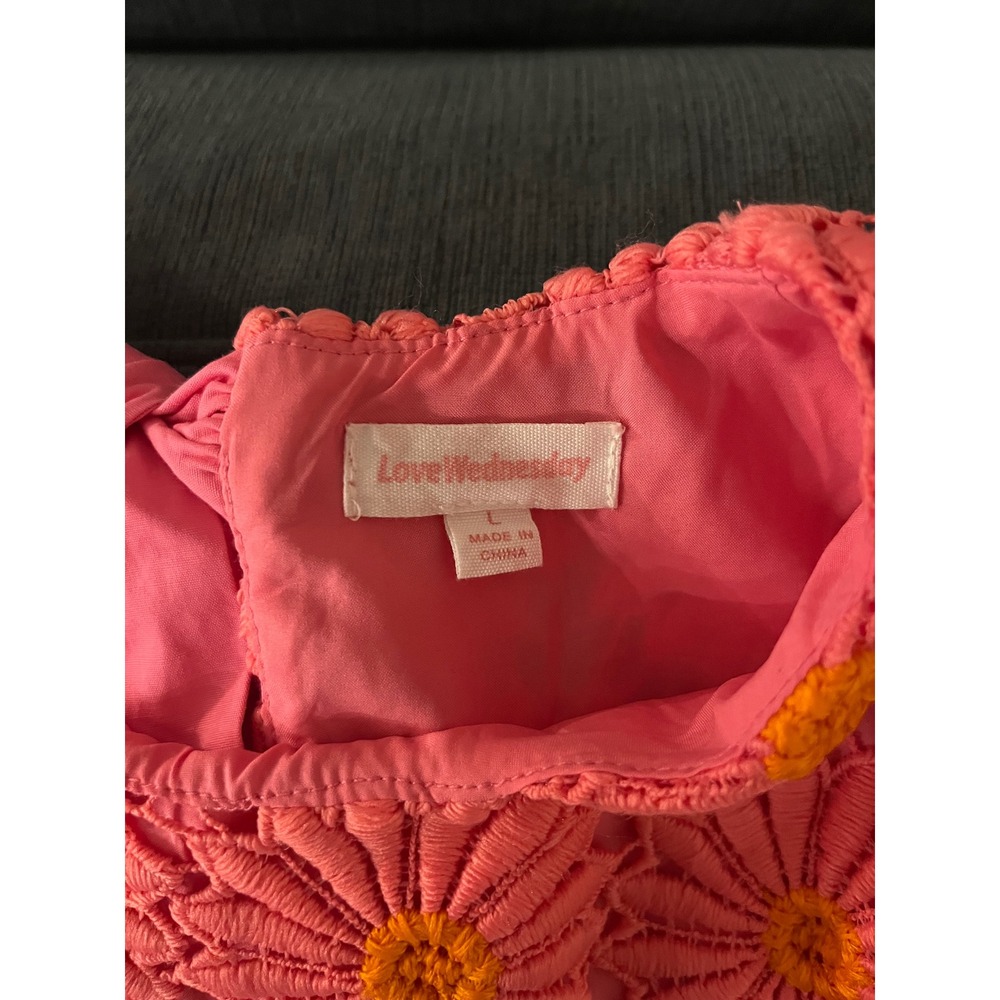 LoveWednesday Pink Daisy Lace Bow Back Top Short Sleeve Floral Blouse‎  L - Picture 4 of 10